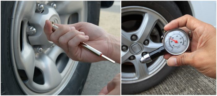 checking tire air pressure with meter  gauge before traveling