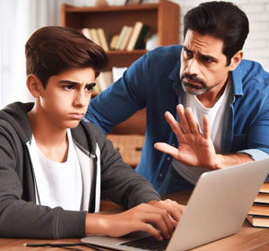 padres enojado con su hijo usando la computadora